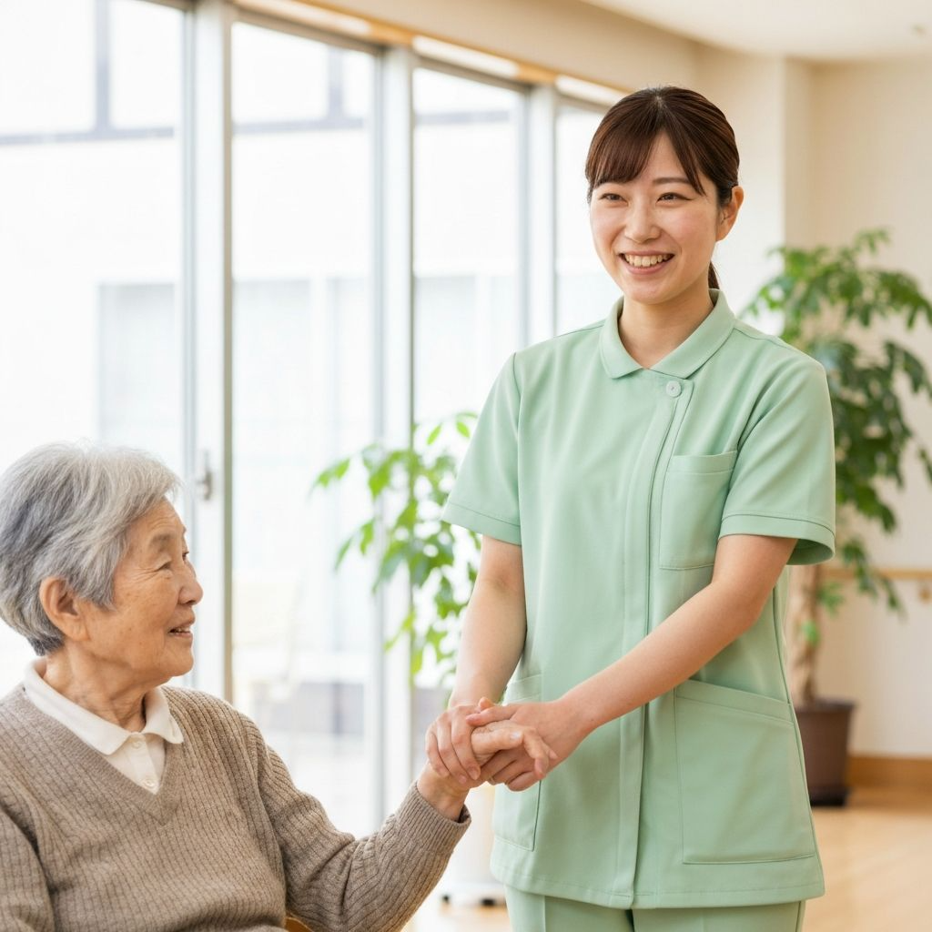 介護現場で笑顔の介護スタッフ